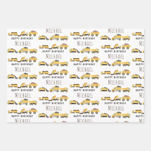Niedliche LKWs Bau-LKWs Individuelle Name Geschenkpapier Set (Vorderseite)