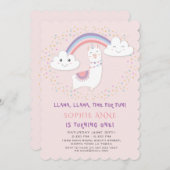 Niedliche Llama Rainbow Stars Blush Erster Geburts Einladung (Vorne/Hinten)