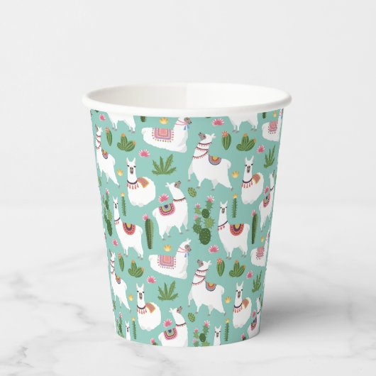 Niedliche Llamas auf Aquamarinem Muster Pappbecher (Links)