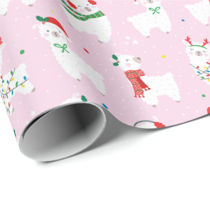 Niedliche Llamas bereit für Weihnachten auf hellro Geschenkpapier