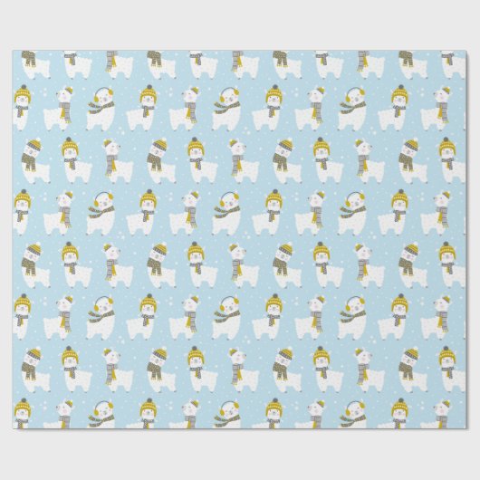 Niedliche Llamas mit Hüten und Schals auf hellblau Geschenkpapier (Flach)