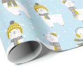 Niedliche Llamas mit Hüten und Schals auf hellblau Geschenkpapier (Rolleneckpunkt)