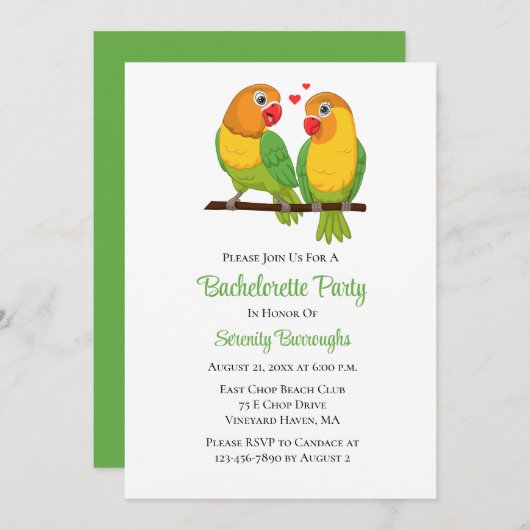 Niedliche Lovebirds Love Birds Grüner Junggeselinn Einladung (Vorne/Hinten)