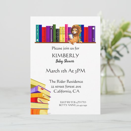 Niedliche Löwe auf Bibliothek Kinderdusche Einladu Einladung (Stehend Vorderseite)