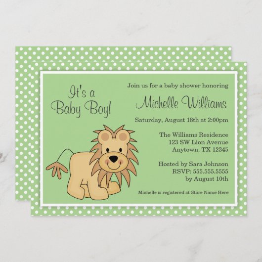 Niedliche Löwe-Grün-Polka-Punkt-Baby-Dusche Einladung (Vorne/Hinten)