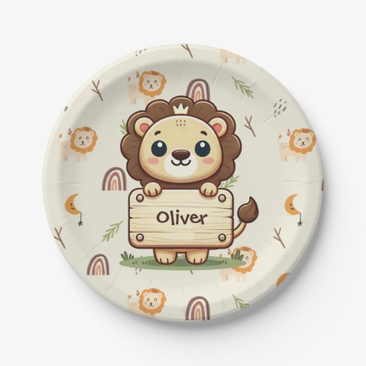 Niedliche Löwe mit Namensschild Pappteller (Vorderseite)