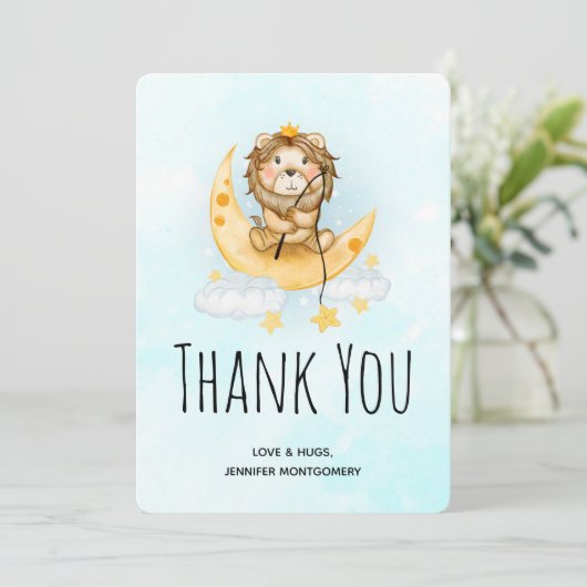 Niedliche Löwenfischerei aus der Mondfarbe Dankeskarte (Stehend Vorderseite)