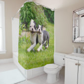 Niedliche lustige Boston Terrier Hunde Welpen spie Duschvorhang (Beispiel)