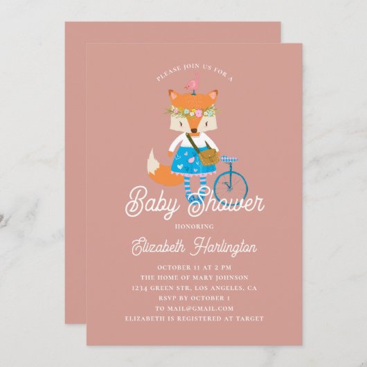 Niedliche lustige Fuchs Babydusche. Waldtierrosa Einladung (Vorne/Hinten)