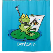 Niedliche, lustige, grüne Froschszene Cartoon-Abbi Duschvorhang (Vorderseite)