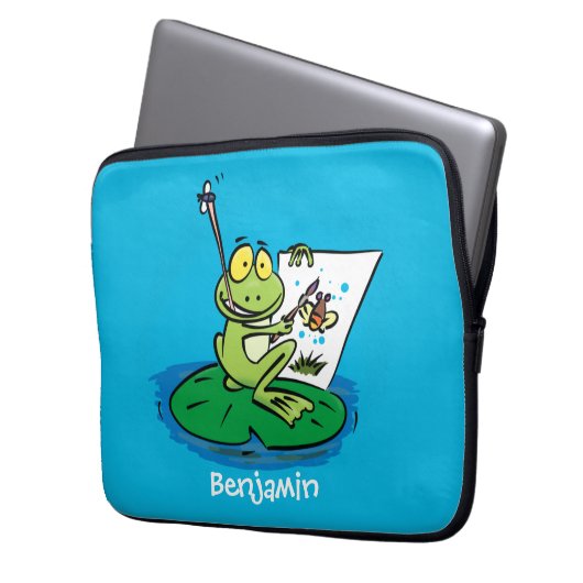 Niedliche, lustige, grüne Froschszene Cartoon-Abbi Laptopschutzhülle (Vorderseite Links)