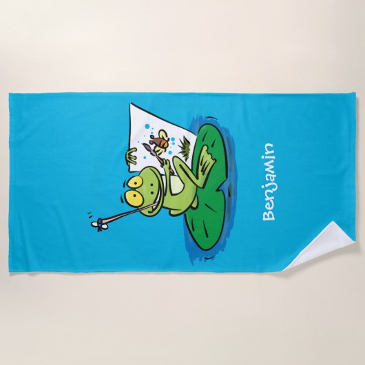 Niedliche, lustige, grüne Froschszene Cartoon-Abbi Strandtuch (Vorderseite)