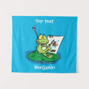 Niedliche, lustige, grüne Froschszene Cartoon-Abbi Wandteppich
