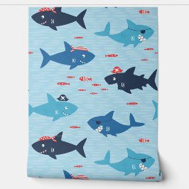 Niedliche lustige Haie mit Piratenhüten auf blau Tapete