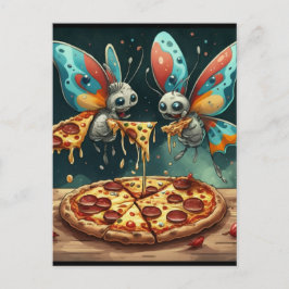 Niedliche lustige Insekten, die ein Pizza-lustiges Postkarte