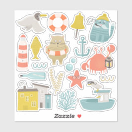 Niedliche lustige Katzen, Möwe, Krabbe. Nautische  Aufkleber