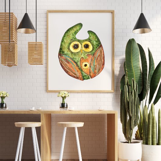 Niedliche, lustige Uhu, grün orange Poster