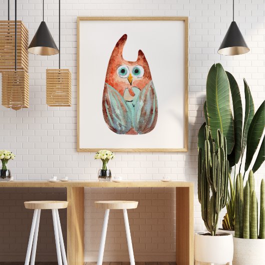 Niedliche, lustige Uhu, grün orange Poster