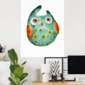 Niedliche, lustige Uhu, grün orange Poster (Heimbüro)