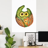 Niedliche, lustige Uhu, grün orange Poster (Heimbüro)