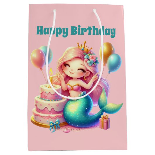 Niedliche Mädchen Happy Birthday Meerjungfrau füge Mittlere Geschenktüte (Vorderseite)