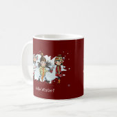 Niedliche Mädchen im Winter mit Weihnachtsschneema Kaffeetasse (Vorderseite Links)