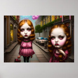 Niedliche Mädchen posieren auf ihrer Straße für ei Poster