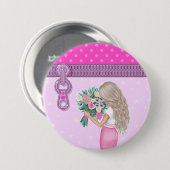 Niedliche Mädchen & Rosa Blume Elegantes Blumendes Button (Vorne & Hinten)