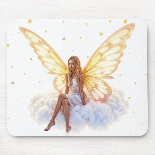 Niedliche magische blaue Augen Feen goldene Flügel Mousepad (Vorne)