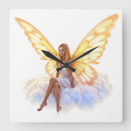 Niedliche magische blaue Augen Feen goldene Flügel Quadratische Wanduhr