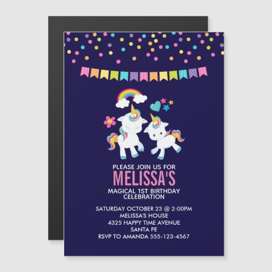 Niedliche magische Einhörner mit einem Regenbogen  Magneteinladung (Vorne/Hinten)