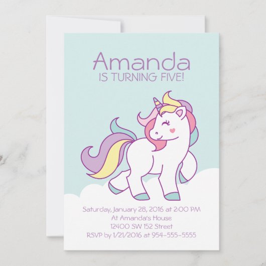 Niedliche magische Einhornpastel GIRLY Tiere Gebur Einladung (Vorderseite)