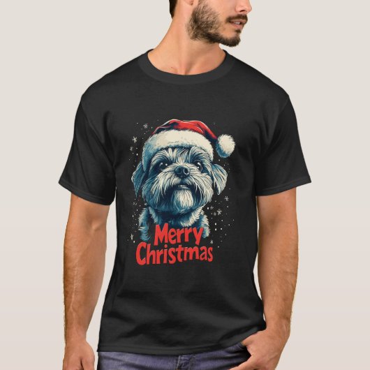 Niedliche maltesische Weihnachtsmannmütze Frohe We T-Shirt (Vorderseite)