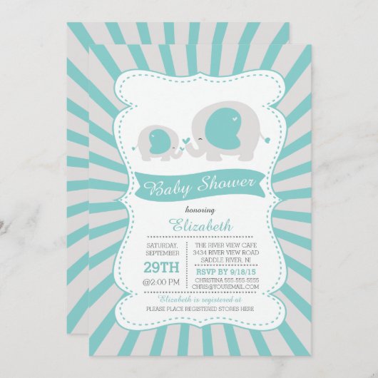 Niedliche Mama Baby Elephant Boys Kinderdusche Einladung (Vorne/Hinten)