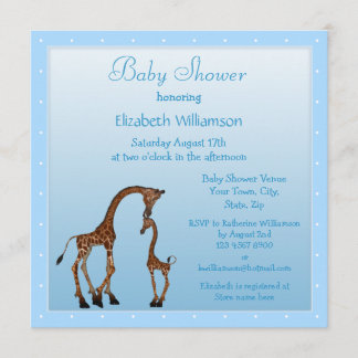 Niedliche Mama-u. Baby-Giraffen-blaues Baby-Dusche Einladung