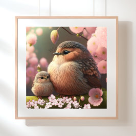 Niedliche Mama und Baby Bird auf einem Baum Pink B Poster