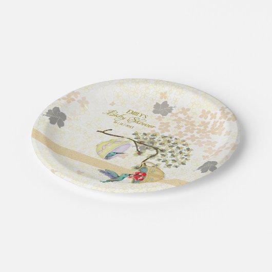 Niedliche Mama und Baby Floral Hummingbird Pappteller (Schrägansicht)