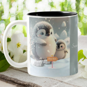 Niedliche Mama und Baby-Pinguin-Schnee Personalisi Zweifarbige Tasse