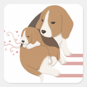 Niedliche Mama von Beagles und Kinderdarstellung Quadratischer Aufkleber