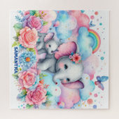 Niedliche Mami und ihr Baby Elefant Regenbogenfede Puzzle (Horizontal)