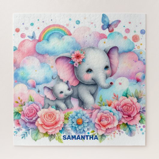 Niedliche Mami und ihr Baby Elefant Regenbogenfede Puzzle (Vertikal)