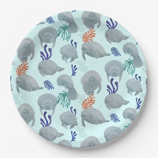 Niedliche Manateure mit Blasen-Muster - hellblau Pappteller (Vorderseite)