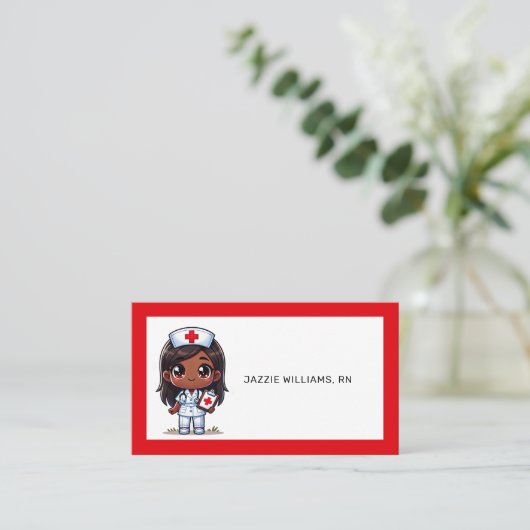 Niedliche Manga Black Nurse Brown Hair und Augen C Visitenkarte (Stehend Vorderseite)