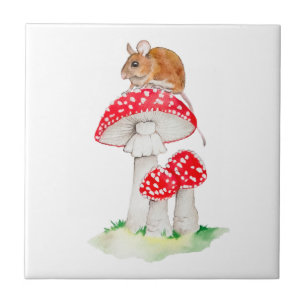 Niedliche Maus auf Fliegenpilz Aquarell Fliese