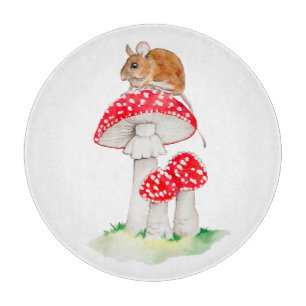 Niedliche Maus auf Fliegenpilz Aquarell Schneidebrett