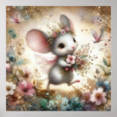 Niedliche Maus Carry Blume Watercolor Glitzer Poster (Vorne)