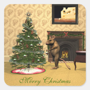 Niedliche Maus dekorieren einen Weihnachtsbaum Quadratischer Aufkleber