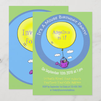 Niedliche Maus in der Gießkanne mit Ballon Cartoon Einladung