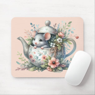Niedliche Maus in einer Blumenteekanne-Illustratio Mousepad