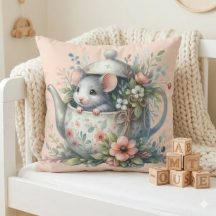Niedliche Maus in Illustration einer Blumenteekann Kissen